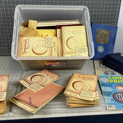 Tub of Coin Books VINTAGE, Coin Holder Books and Coin Auction Flyers from '40's 