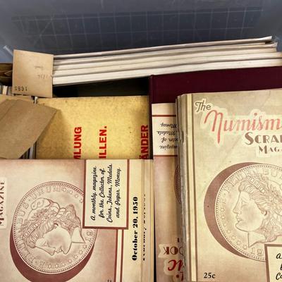 Tub of Coin Books VINTAGE, Coin Holder Books and Coin Auction Flyers from '40's 