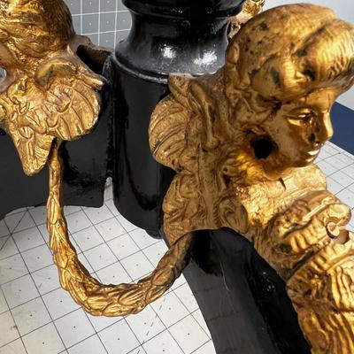 Black Top Occasional Table with  Gold Trimmed Round Top  Folding Table Dresden Hand Painted Tiles, UNIQUE!  