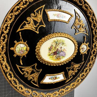 Black Top Occasional Table with  Gold Trimmed Round Top  Folding Table Dresden Hand Painted Tiles, UNIQUE!  