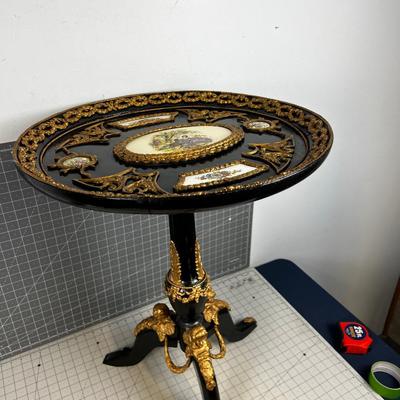 Black Top Occasional Table with  Gold Trimmed Round Top  Folding Table Dresden Hand Painted Tiles, UNIQUE!  