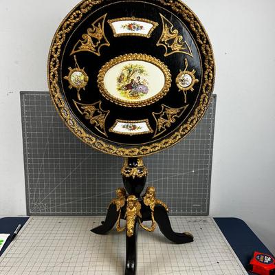 Black Top Occasional Table with  Gold Trimmed Round Top  Folding Table Dresden Hand Painted Tiles, UNIQUE!  