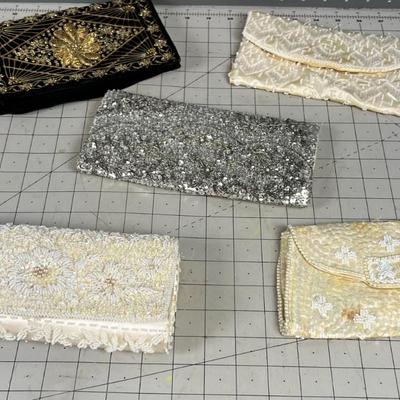More Fancy Beaded Purses (5) 1 black , 1 silver and 3 cream white 