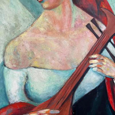 Oil on Board Woman Playing a Lute 