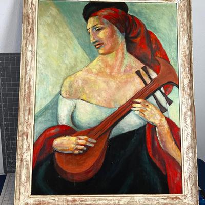 Oil on Board Woman Playing a Lute 