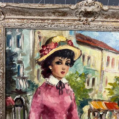 Signed Art Oil on Canvas,  Lady on the Street in the Spring