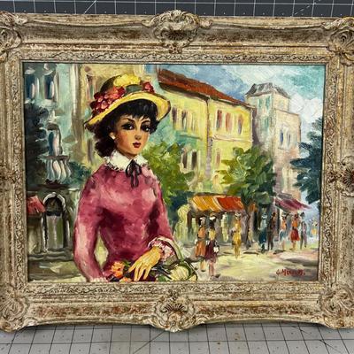Signed Art Oil on Canvas,  Lady on the Street in the Spring