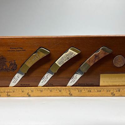 Military Folding Knife Set World War II 50 Year Commemorative 1939-1945 Iwo Jima Memorial