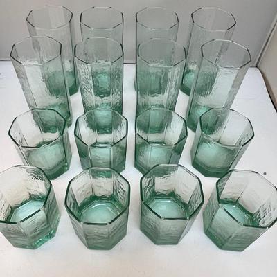 Icey Green Blue Tint Octagon Shaped Glassware Set 16 pieces Beverage Barware Drink Glasses