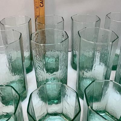 Icey Green Blue Tint Octagon Shaped Glassware Set 16 pieces Beverage Barware Drink Glasses