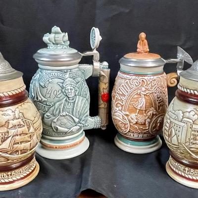 Beer Stein Lot - 4 AVON Beer Mugs Steins with sculpted sides and figural tops Early America theme