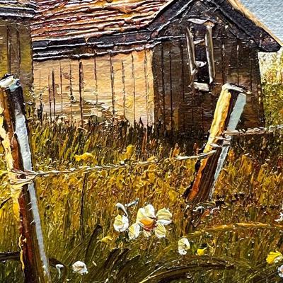 Original Vintage Everett Woodson Small Oil Painting Desolate Country Landscape Ranch Buildings