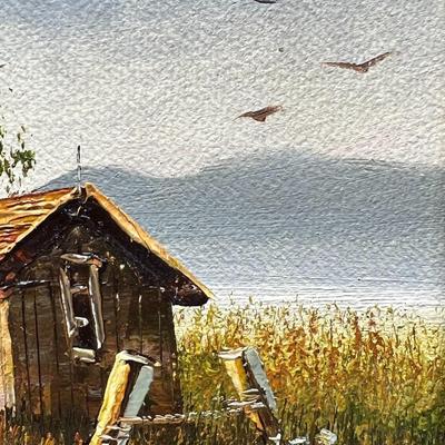 Original Vintage Everett Woodson Small Oil Painting Desolate Country Landscape Ranch Buildings