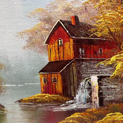 Vintage Unsigned Original Fall Autumn Watermill Landscape Painting