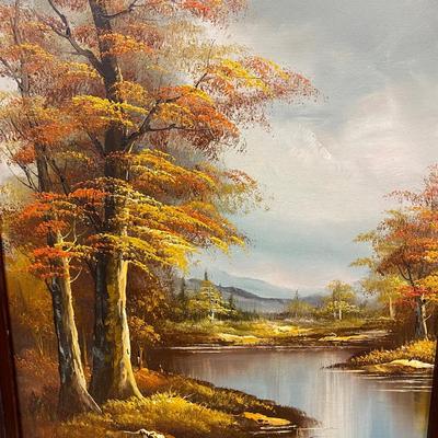 Large Vintage Autumn Forest by The Water Framed Oil Painting Signed