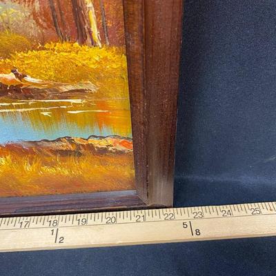 Large Vintage Autumn Forest with Mountain View Oil Painting Signed