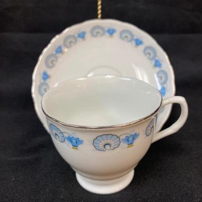 Vintage Blue Scallop Shell and Flower Teacup and Saucer Made in China