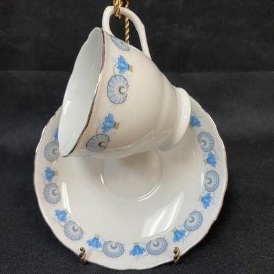 Vintage Blue Scallop Shell and Flower Teacup and Saucer Made in China