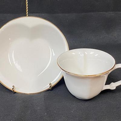 White with Gold Rim Heart Shaped Indent Teacup and Saucer