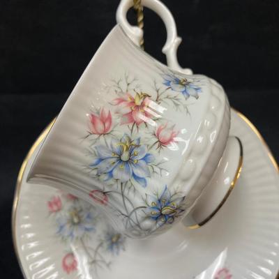 Royal Minster Bone China Teacup and Saucer Ribbed with Pink and Blue Flowers