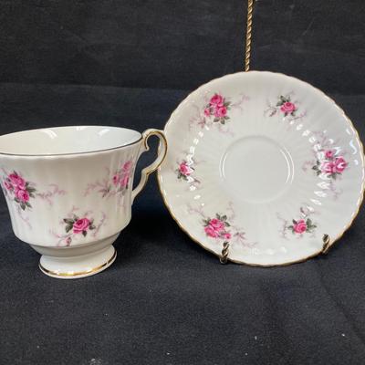 Vintage Princess House Exclusive Hammersley Bone China Pink Rose Ribbed Teacup and Saucer