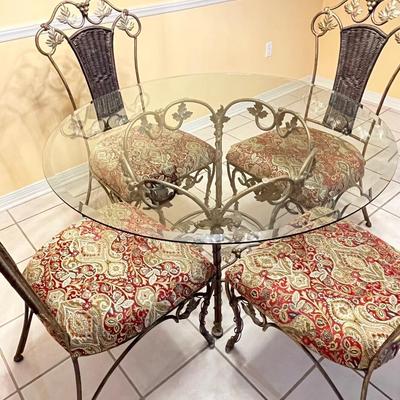 Tuscany Style Antiqued Gold Finish Glass Top Table & 4 Chairs