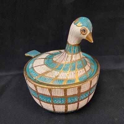 Vintage Italian Sgraffito Modernist Midcentury Teal and White Checkered Bird Dove Lidded Casserole Trinket Dish with Gold Accent