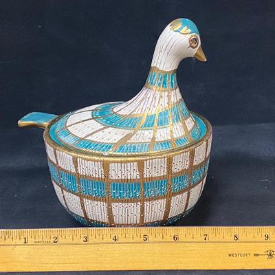 Vintage Italian Sgraffito Modernist Midcentury Teal and White Checkered Bird Dove Lidded Casserole Trinket Dish with Gold Accent