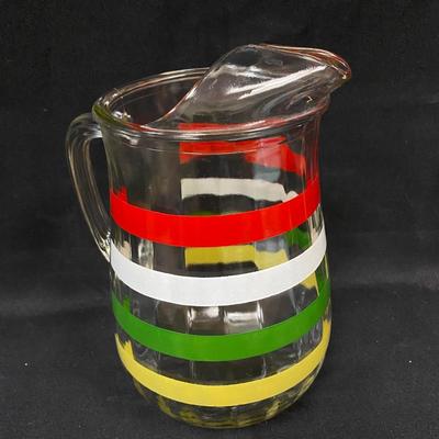 Retro Red White Green Yellow Mod Color Striped Ribbed Glass Iced Tea Water Pitcher
