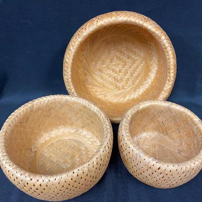 Set of Three Nesting Rattan Reed Grass Woven Basket Bowls