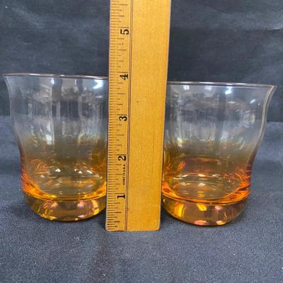 Pair of Clear to Amber Luster Rippled Rocks Drink Glasses