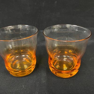 Pair of Clear to Amber Luster Rippled Rocks Drink Glasses