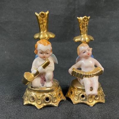 Pair of Vintage Gold Gilt Cherub Angels Playing Instruments Tiny Candle Holder Bud Vases Figurines
