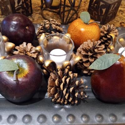 PINECONES, CANDLES AND FAUX FRUIT TABLE CENTERPIECE & CANDLE HOLDERS