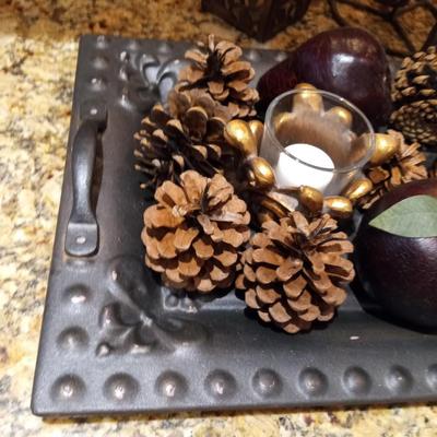 PINECONES, CANDLES AND FAUX FRUIT TABLE CENTERPIECE & CANDLE HOLDERS