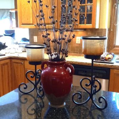 LARGE VASE WITH DRIED FOLIAGE AND IRON BASED CANDLE HOLDERS