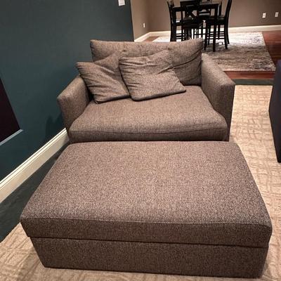 Crate and Barrel gray oversized chair with storage ottoman