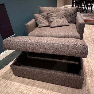 Crate and Barrel gray oversized chair with storage ottoman