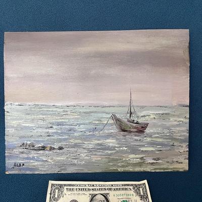 ORIGINAL OIL PAINTING ANCHORED FISHING BOAT SIGNED HLE.F? 
