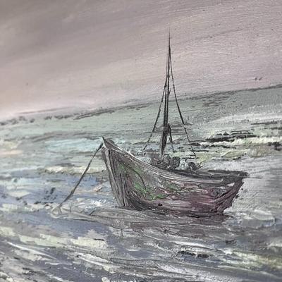 ORIGINAL OIL PAINTING ANCHORED FISHING BOAT SIGNED HLE.F? 