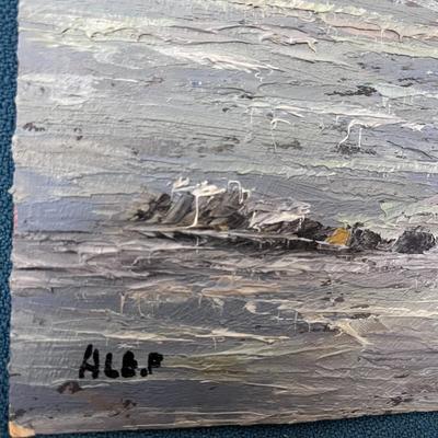 ORIGINAL OIL PAINTING ANCHORED FISHING BOAT SIGNED HLE.F? 