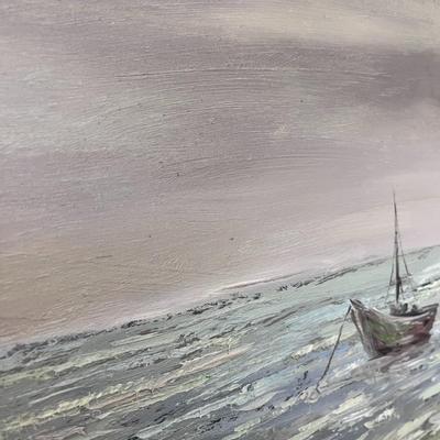ORIGINAL OIL PAINTING ANCHORED FISHING BOAT SIGNED HLE.F? 