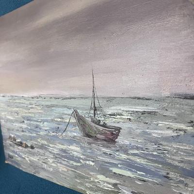 ORIGINAL OIL PAINTING ANCHORED FISHING BOAT SIGNED HLE.F? 