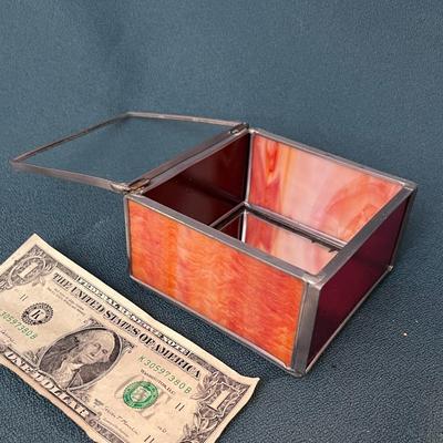 LEADED GLASS BOX HINGED TOP MIRRORED INNER BOTTOM