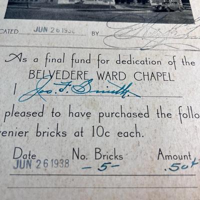 DEDICATION PROGRAM BELVEDERE WARD 1938 SIGNED HEBER J GRANT