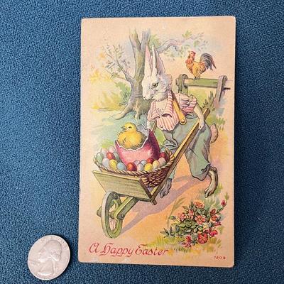 EARLY EASTER POST CARD BUNNY WITH WHEEL BARROW FUN THEME