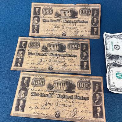 3 PIECE FACSIMILE EARLY BANK OF UNITED STATES CURRENCY BILLS