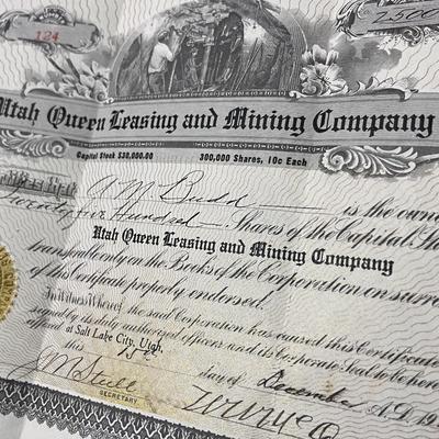 STOCK CERTIFICATE 1920 UTAH QUEEN LEASING MINING