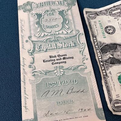 STOCK CERTIFICATE 1920 UTAH QUEEN LEASING MINING