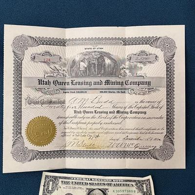 STOCK CERTIFICATE 1920 UTAH QUEEN LEASING MINING